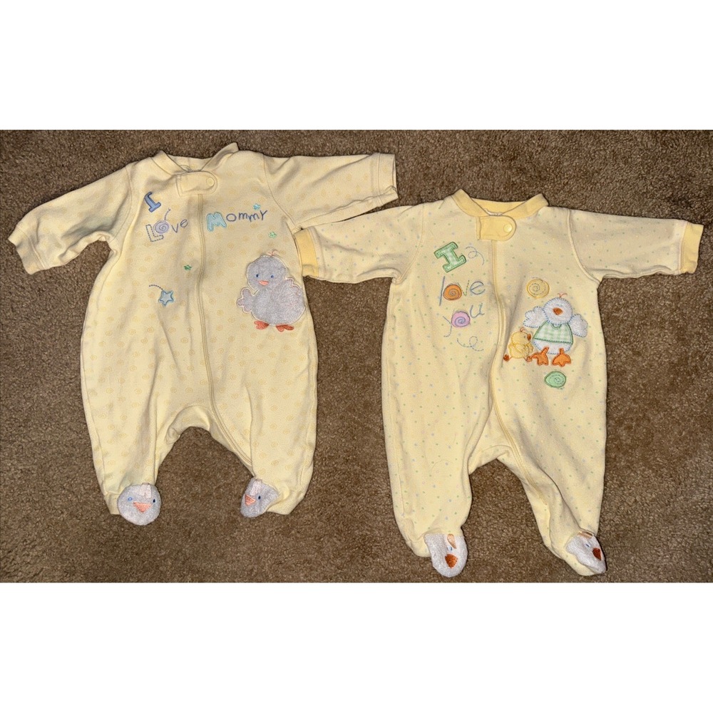 2  Vintage Just Born "I Love You" & "I Love Mommy" Sleepers Yellow Zip‎